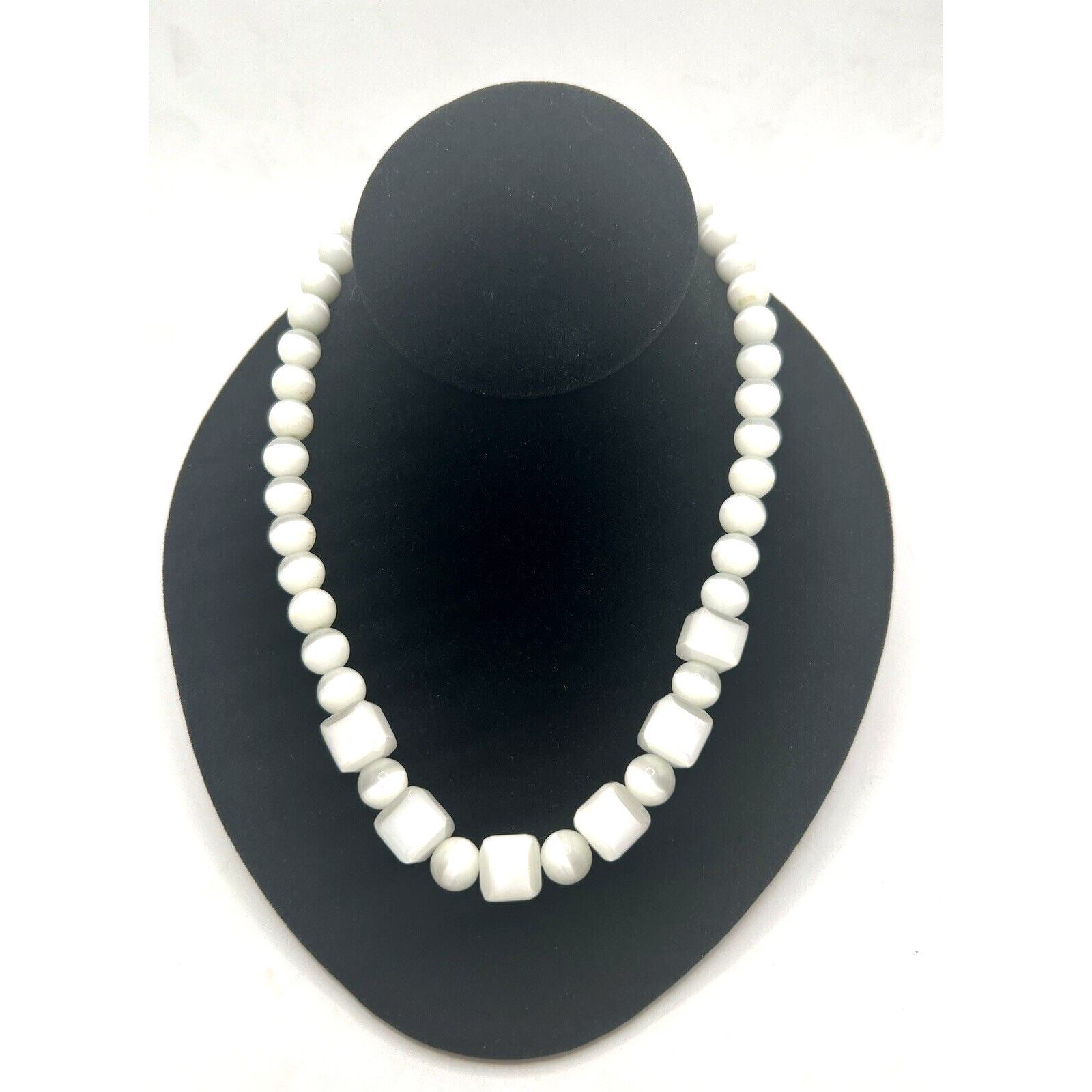 1940s Czech Opal White Swirled Art Glass Beaded Necklace Silver Ball Clasp